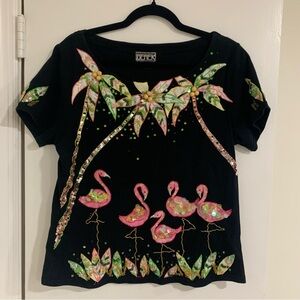 Berek designed by Takako Sakon Vintage Flamingo Beaded Sequins Tropical Top XL